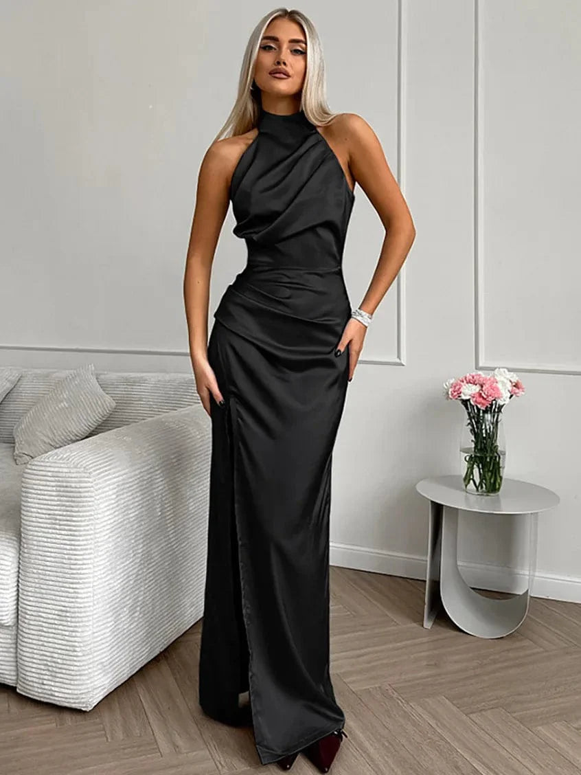Ylva | Elegantes Satin Halterneck-Abendkleid mit Beinschlitz