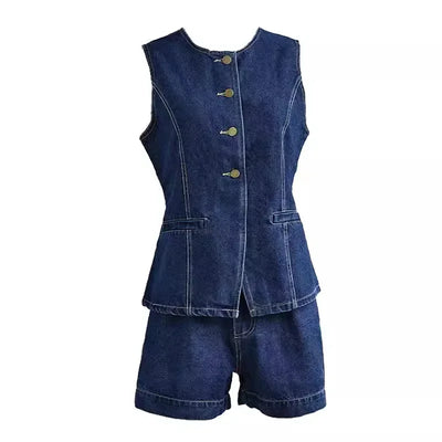 Elena | Stylisches Denim-Zweiteiler-Set mit Weste & Shorts
