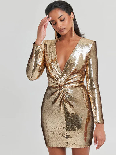 Hanna| Pailletten Langarm Falten Mini Kleid