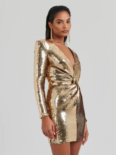 Hanna| Pailletten Langarm Falten Mini Kleid