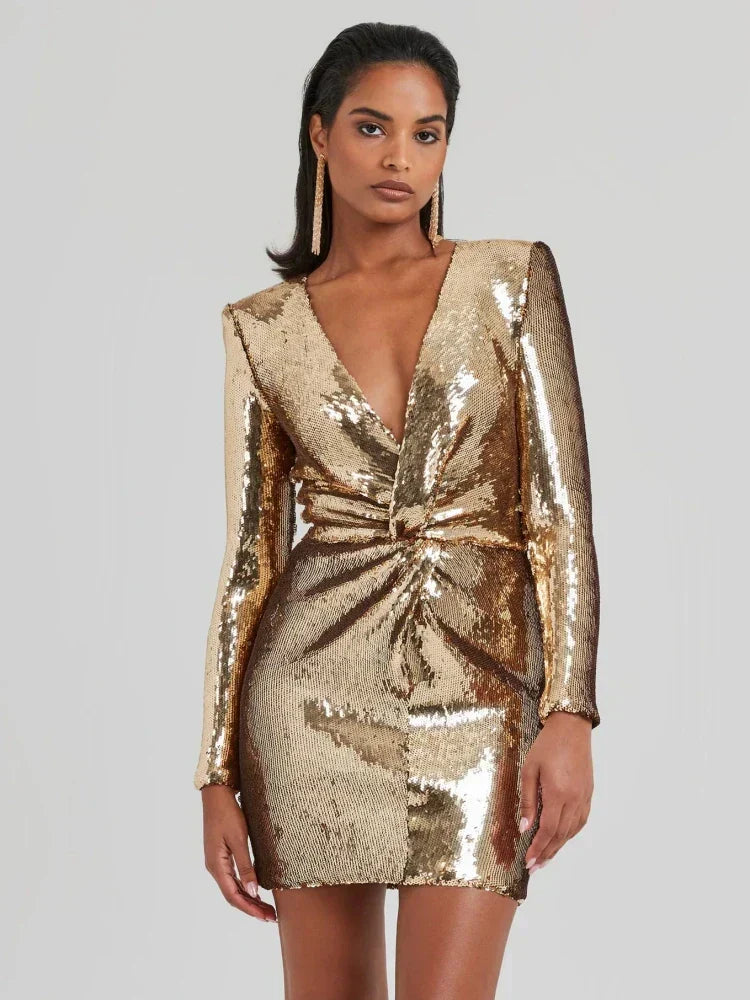 Hanna| Pailletten Langarm Falten Mini Kleid