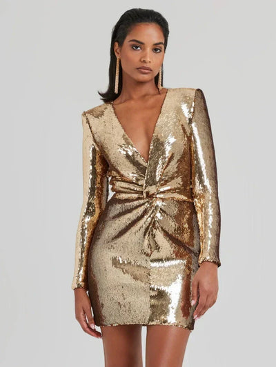 Hanna| Pailletten Langarm Falten Mini Kleid