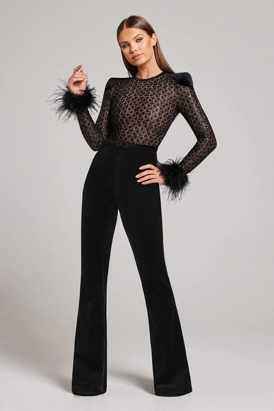 Margit | Glitzernder Bodycon Jumpsuit Mit Federn