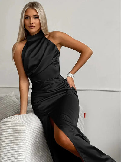 Ylva | Elegantes Satin Halterneck-Abendkleid mit Beinschlitz