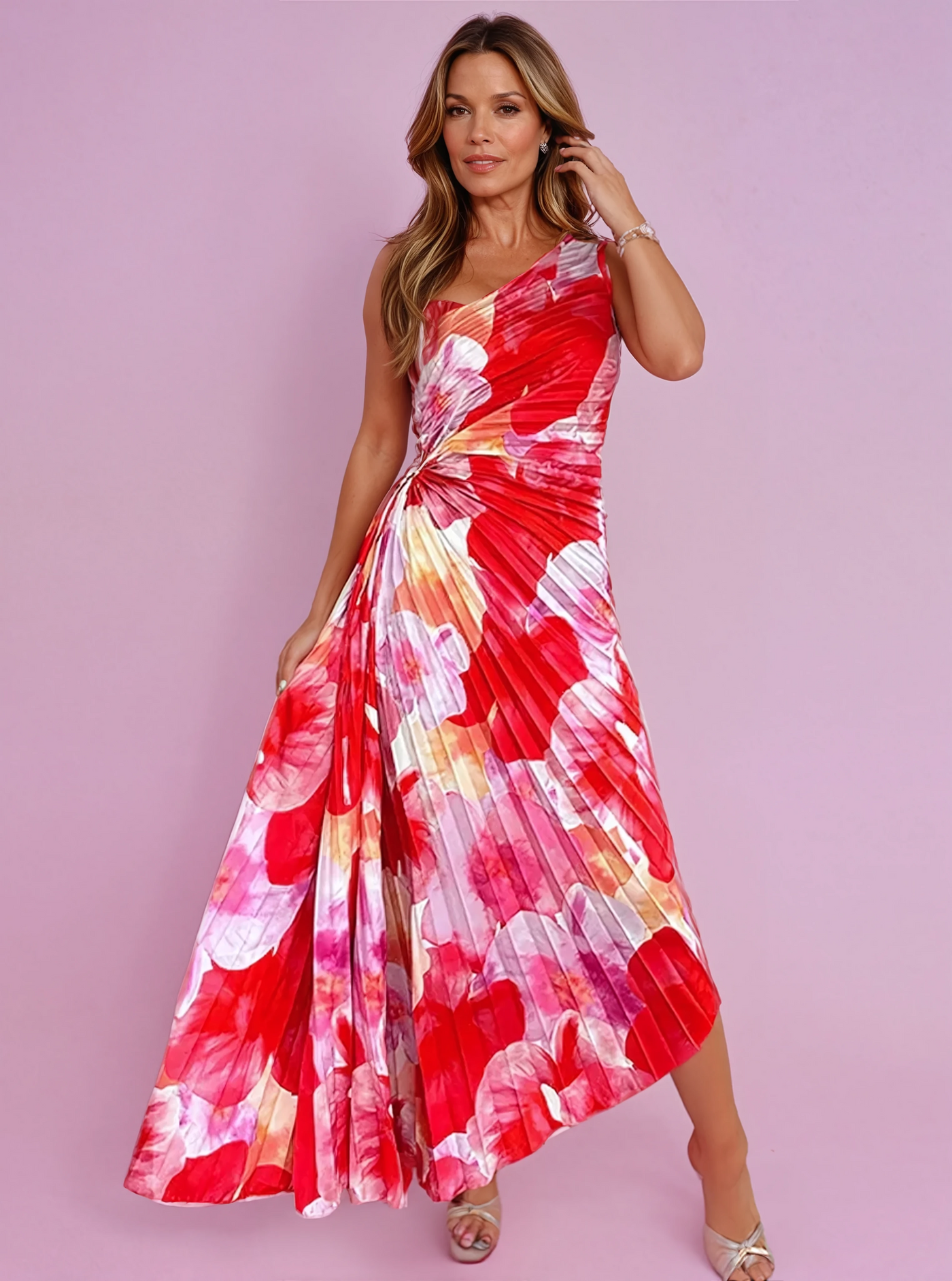Plissiertes One-Shoulder-Kleid mit floralem Muster – Elegant & Feminin