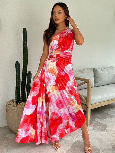 Plissiertes One-Shoulder-Kleid mit floralem Muster – Elegant & Feminin