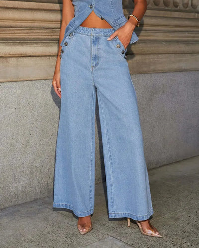 Leona | Stylisches Denim-Zweiteiler-Set mit Weste & Weitbein-Hose