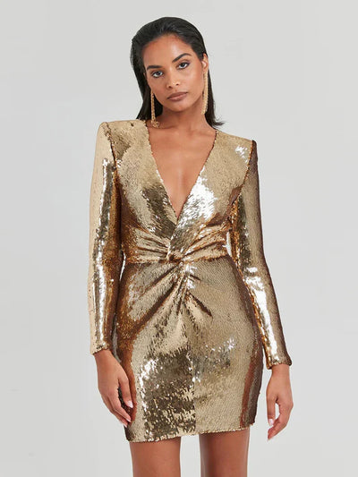Hanna| Pailletten Langarm Falten Mini Kleid