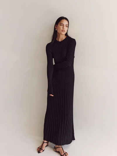 Lilli | Schwarzes Geripptes Maxikleid