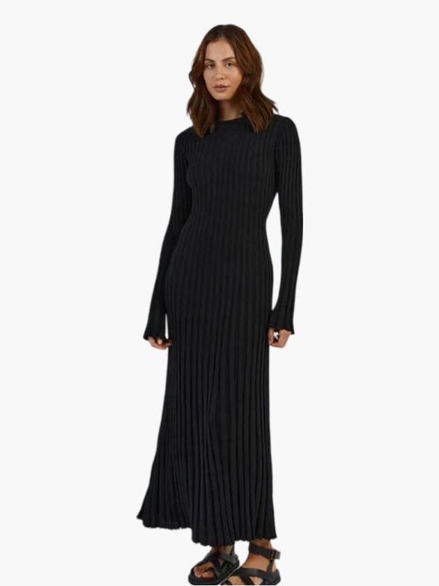 Lilli | Schwarzes Geripptes Maxikleid