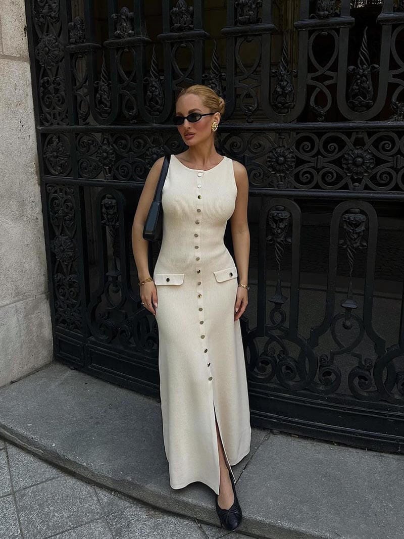 Rosamund | Elegantes Knopfdetail Ärmellos-Maxikleid – Zeitlose Klasse & Raffinesse
