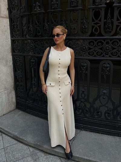 Rosamund | Elegantes Knopfdetail Ärmellos-Maxikleid – Zeitlose Klasse & Raffinesse