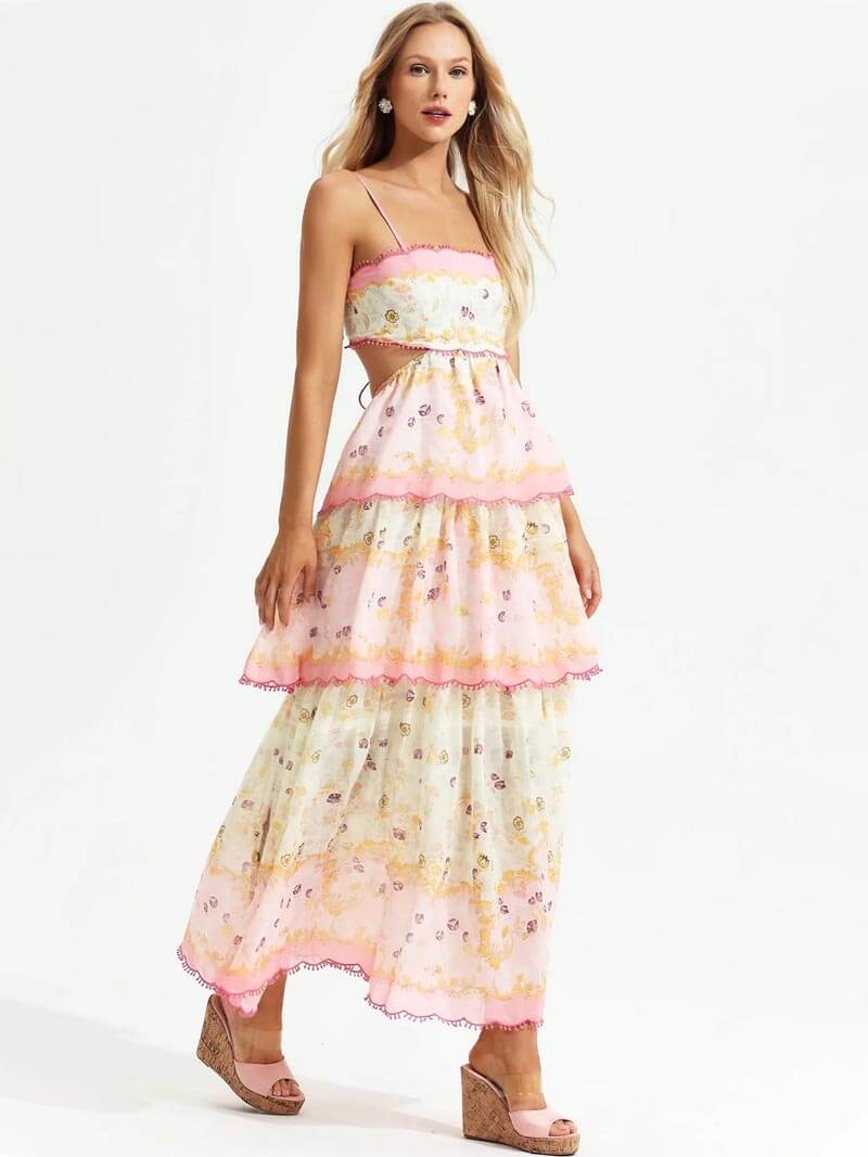 Odetta | Romantisches Blumen Maxikleid mit Zurück Spitzen-Details