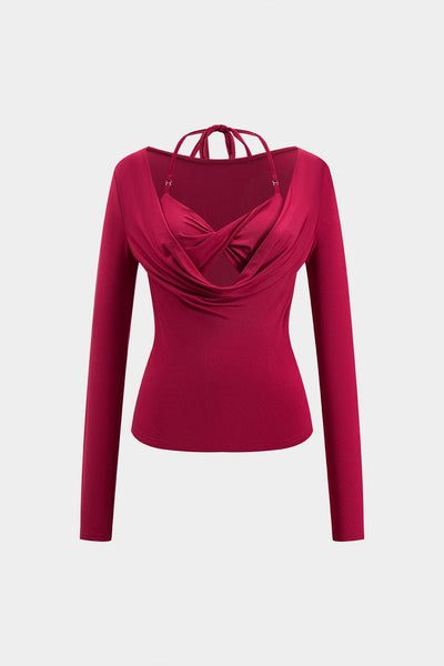 Dakota | Verführerisches Langarm-Top mit drapiertem Ausschnitt und integriertem Neckholder-Bralette