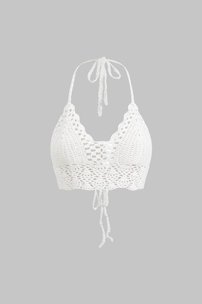 Nora | Weiß Handgehäkeltes Boho-Crop-Top mit Neckholder & verstellbaren Bindebändern