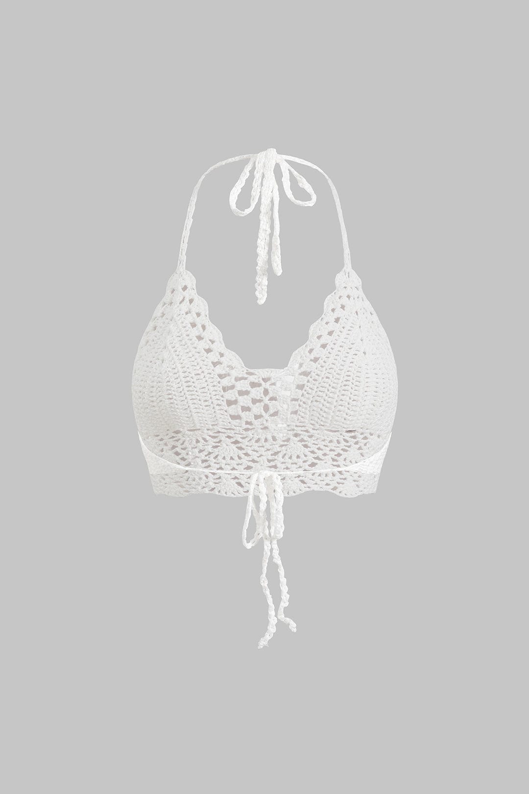 Nora | Weiß Handgehäkeltes Boho-Crop-Top mit Neckholder & verstellbaren Bindebändern