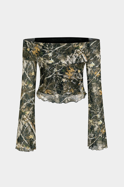 Anna | Off-Shoulder Mesh-Top mit Camouflage-Print & Trompetenärmeln