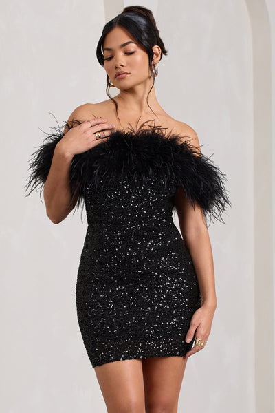Sara | Pailletten-Minikleid mit Off-Shoulder Federbesatz