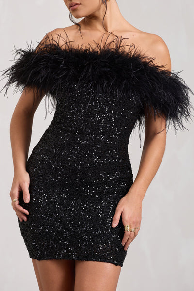 Sara | Pailletten-Minikleid mit Off-Shoulder Federbesatz