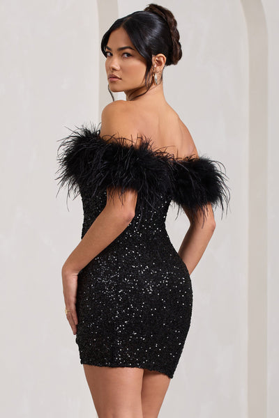 Sara | Pailletten-Minikleid mit Off-Shoulder Federbesatz