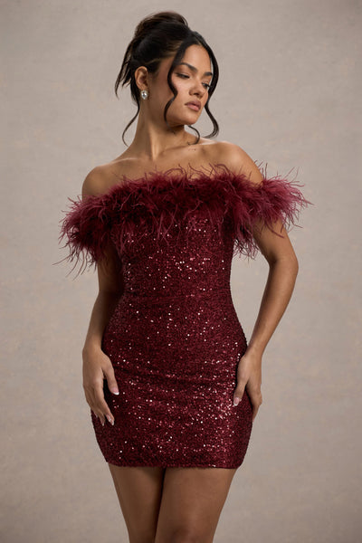 Sara | Pailletten-Minikleid mit Off-Shoulder Federbesatz