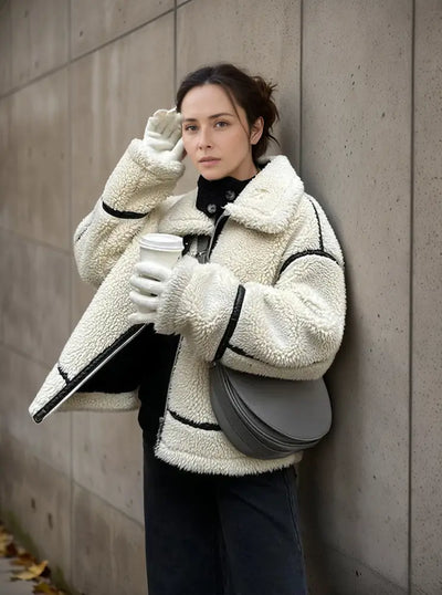 Dominique | Lässige Jacke mit Pelzkragen und Farbblockierung Zendoo.de