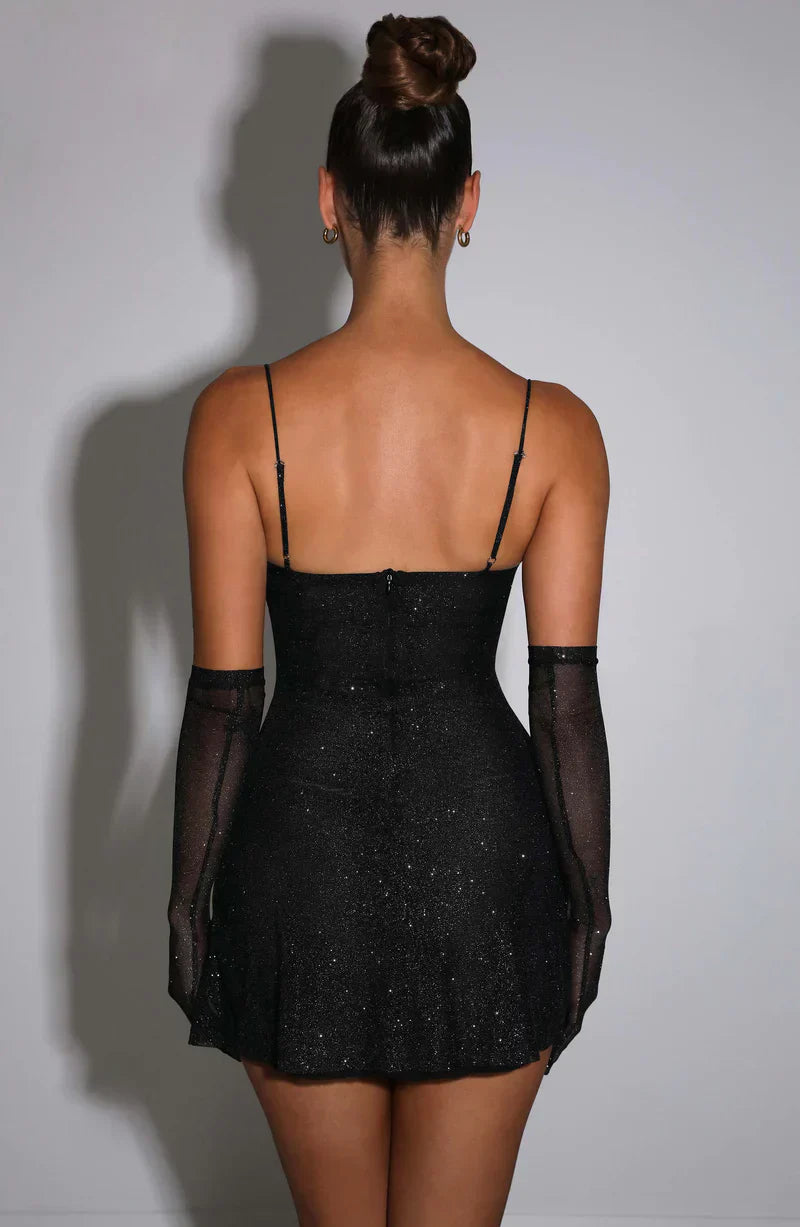Anna| Glitzerndes Mini-Kleid mit Handschuhen