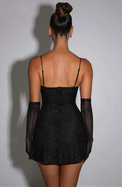 Anna| Glitzerndes Mini-Kleid mit Handschuhen