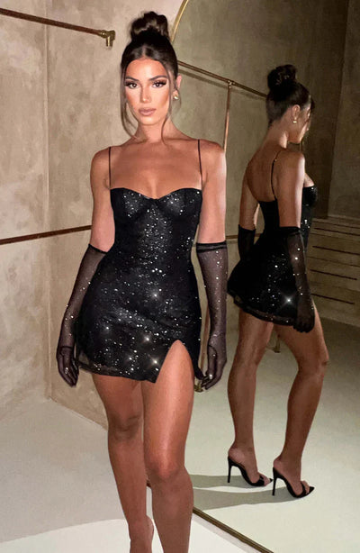 Anna| Glitzerndes Mini-Kleid mit Handschuhen
