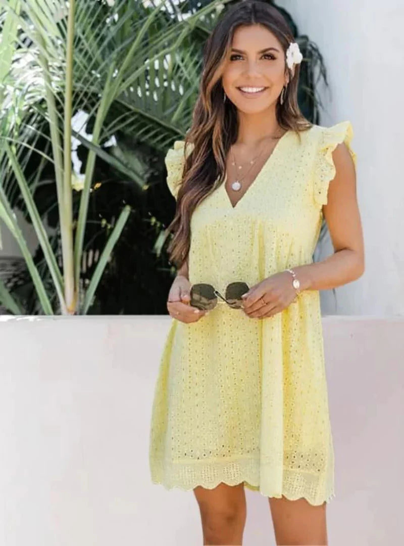 Sommerkleid mit Lochstickerei und V-Ausschnitt – Lockerer Schnitt