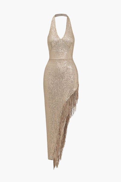 Sienna | Funkelndes Pailletten-Fransen-Kleid mit Neckholder – Glamour & Eleganz für besondere Nächte