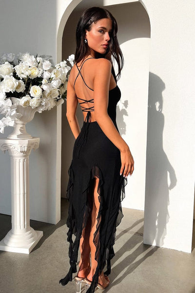 Verena | Schwarz Verführerisches Abendkleid mit asymmetrischen Rüschen