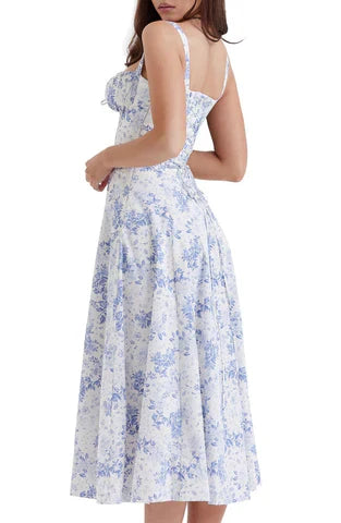Hannah | Midikleid mit Corsagen-Top & blau-weißem Blumenprint