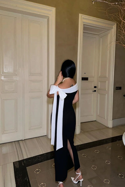 Emma | Elegantes Off-Shoulder Midikleid in Schwarz mit Weiß Schleifendetail
