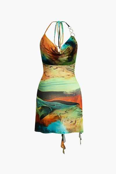 Mira | Asymmetrischer Seitenschlitz Neckholder-Minikleid mit Kunstdruck
