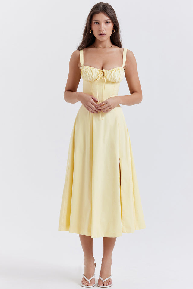 Emilia | Frisches Zitrusgelb Taillenformendes Midikleid