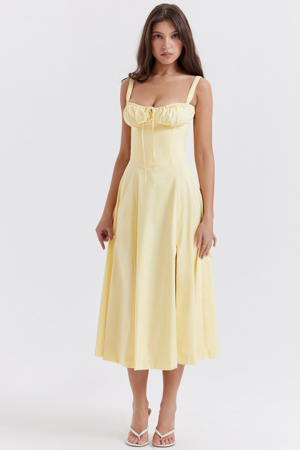 Emilia | Frisches Zitrusgelb Taillenformendes Midikleid
