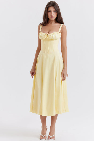 Emilia | Frisches Zitrusgelb Taillenformendes Midikleid