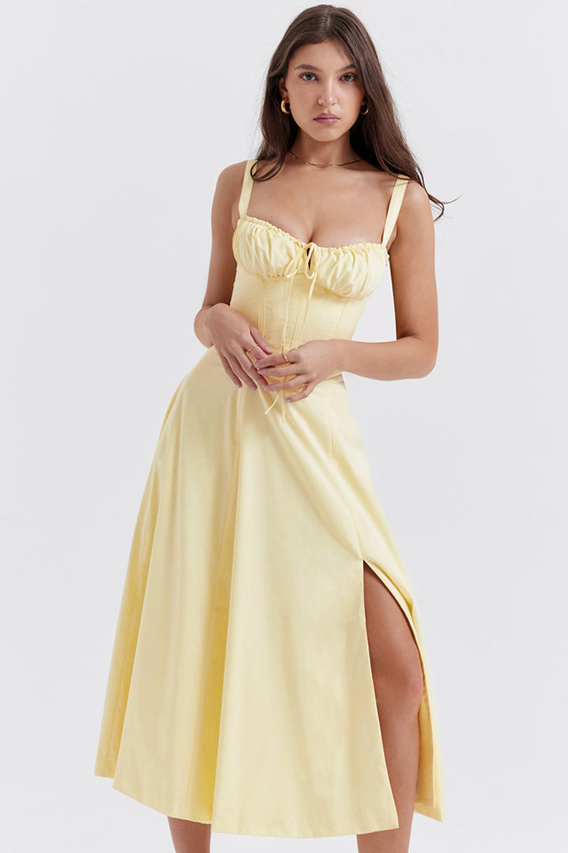 Emilia | Frisches Zitrusgelb Taillenformendes Midikleid