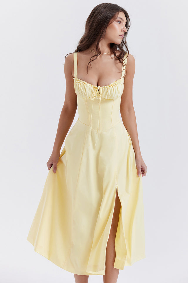 Emilia | Frisches Zitrusgelb Taillenformendes Midikleid