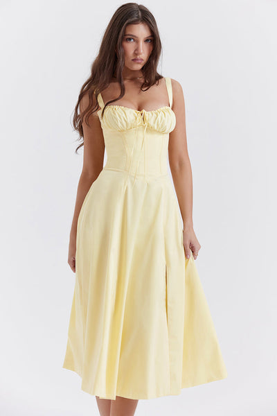 Emilia | Frisches Zitrusgelb Taillenformendes Midikleid