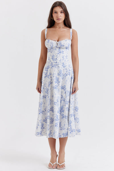 Hannah | Midikleid mit Corsagen-Top & blau-weißem Blumenprint