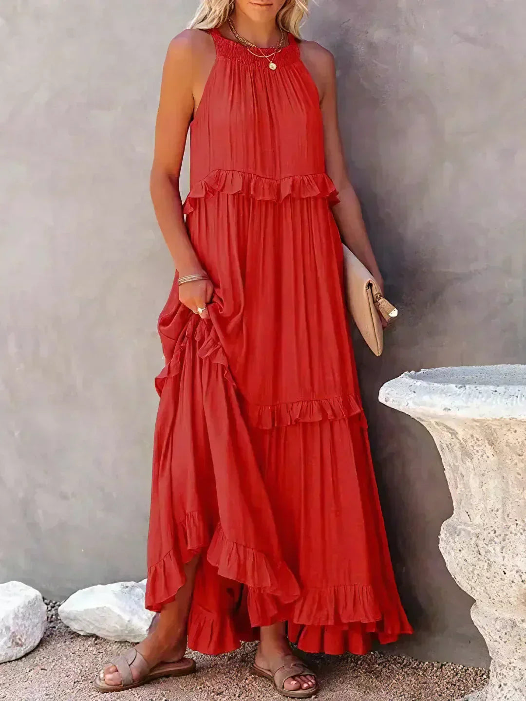 Boho Maxikleid mit Volants & Neckholder-Ausschnitt – Sommerlich & Feminin
