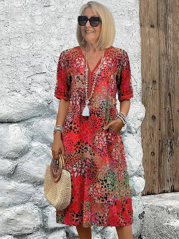 Sommerkleid mit V-Ausschnitt & Allover-Muster – Knielang & bequem