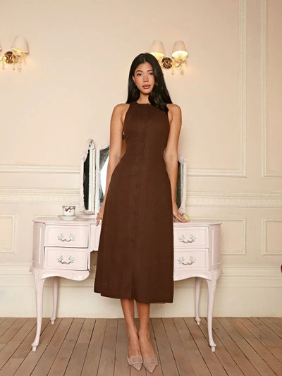 Crystal | Ärmelloses Zuknöpfen Braun Leinen Midikleid mit figurbetonter Passform