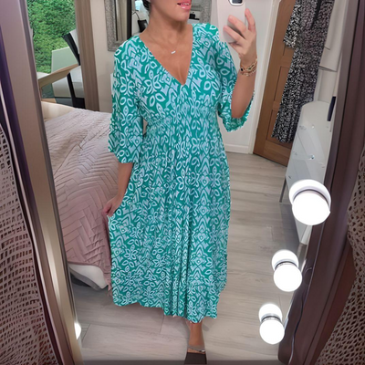 Lockeres Boho-Kleid mit V-Ausschnitt & grafischem Muster – Knöchellang