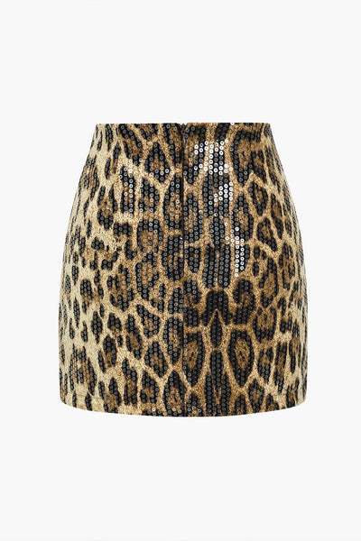 Lunaria | Glamouröser Pailletten Minirock und auffälligem Leopard-Print