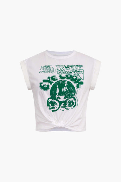 Gracelyn | Hochgekrempelte Ärmel EYE LOOK Grafikdruck Crop-T-Shirt mit Knotendetail