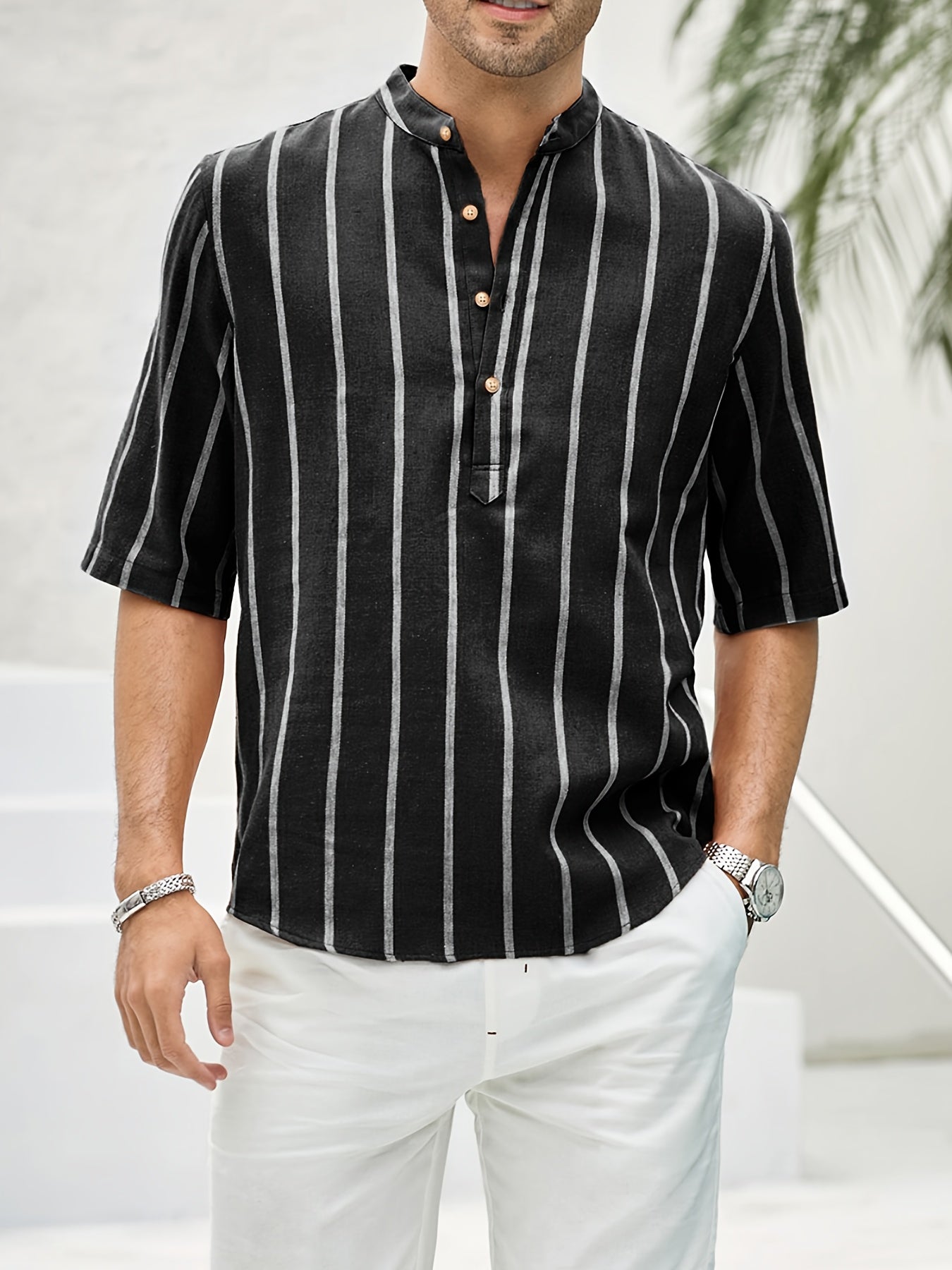 Samuel | Kurzarm-Henley-Sommerhemd mit Streifenmuster
