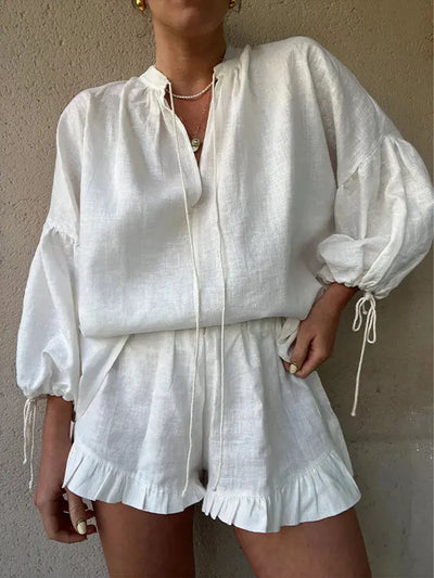 Zoë | Stilvolle weiße Rüschen Shorts Set Zendoo.de